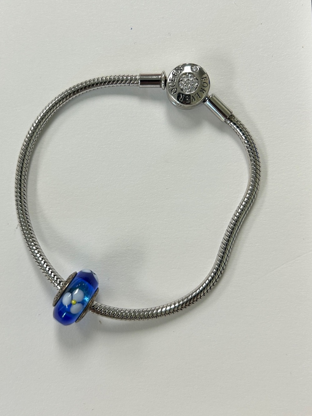 Sterling Silver Snake Chain Bracelet with Blue Glass Charm